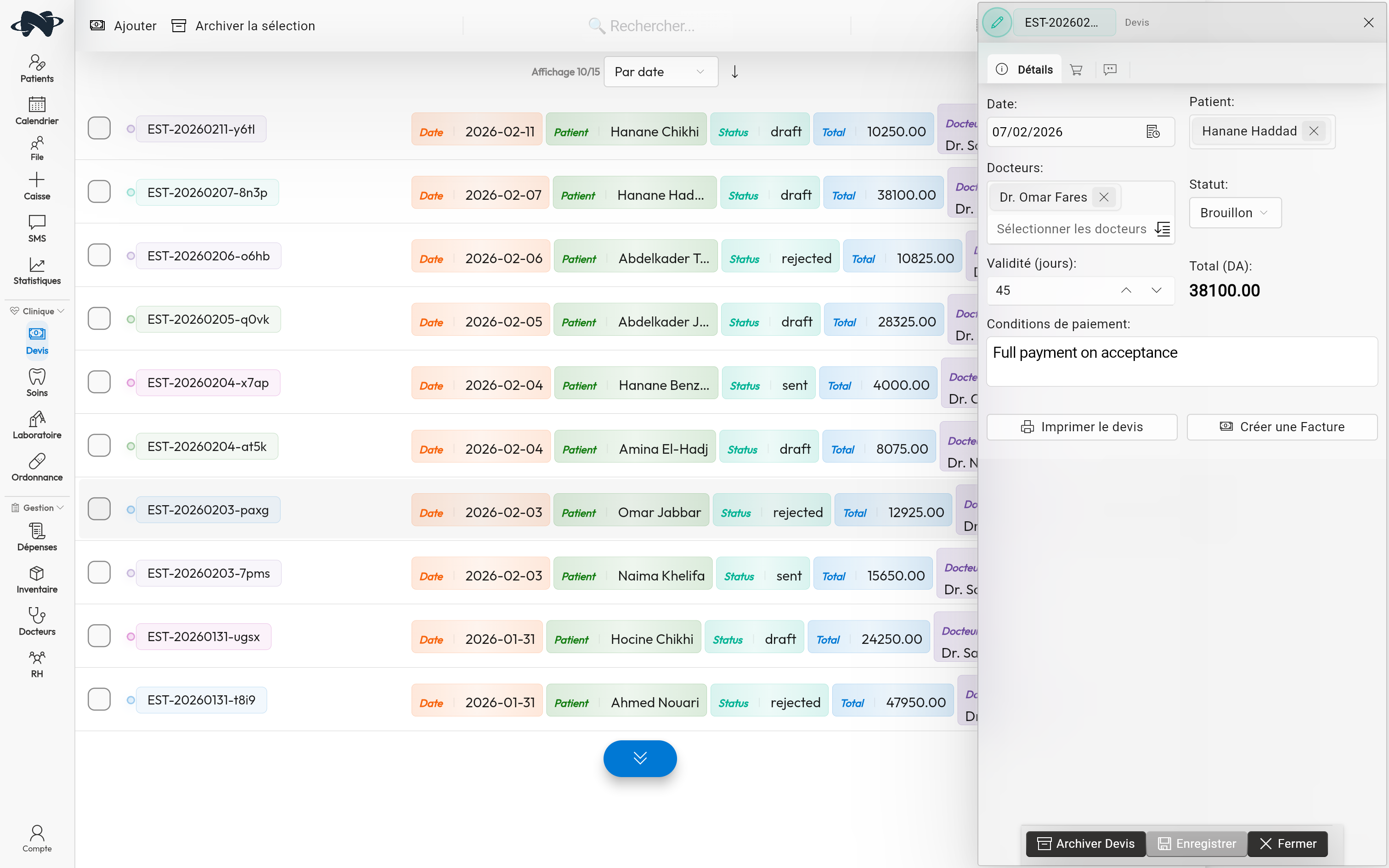 Gestion des devis sur Dentisapp