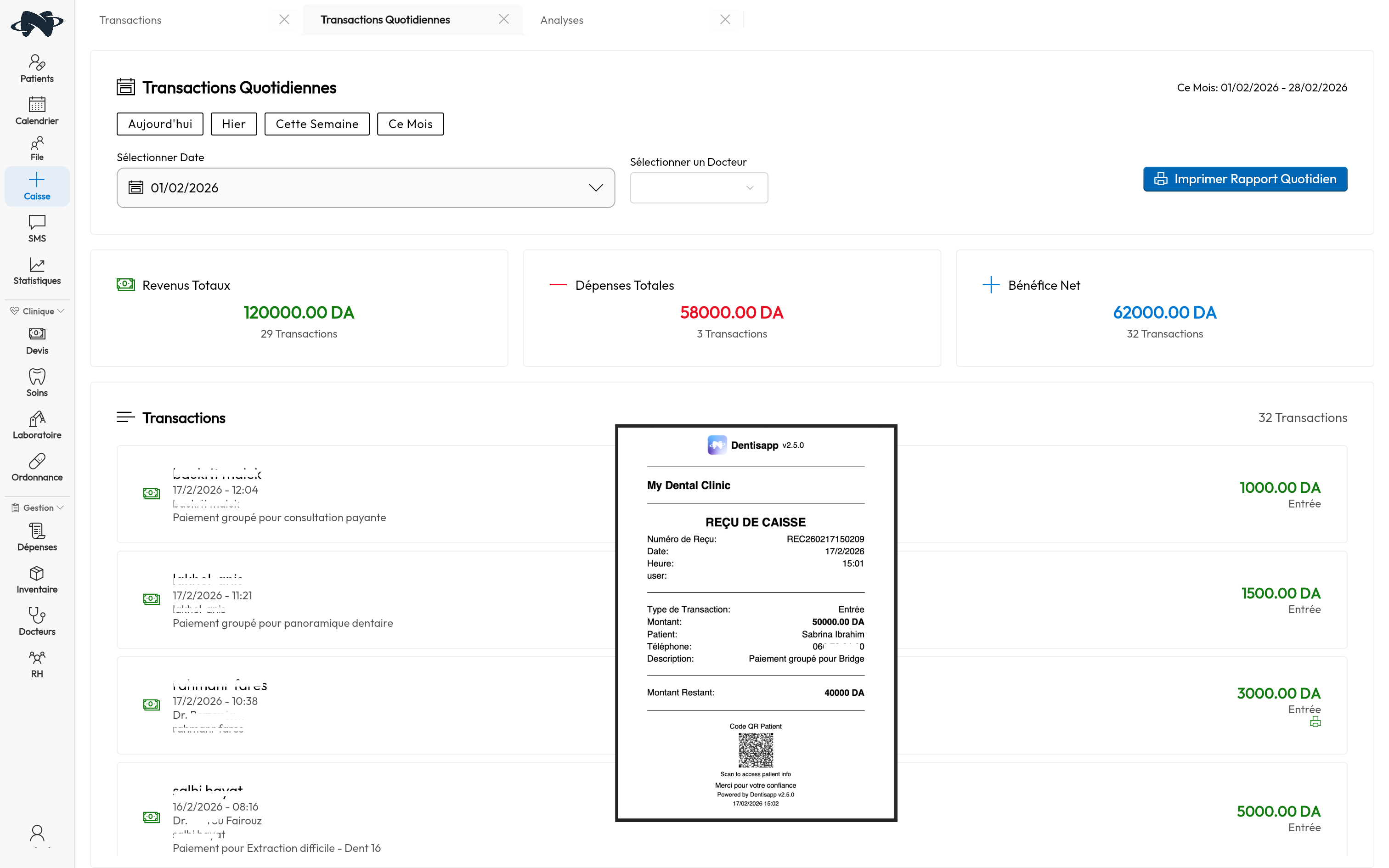 Caisse et transactions sur Dentisapp